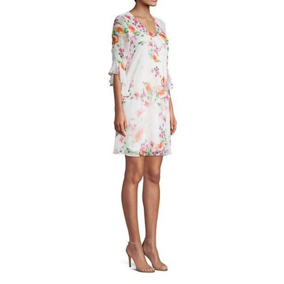 NWT Calvin Klein Summer Floral Bell-Sleeve Shift, White, Pink Dress - Picture 2 of 3
